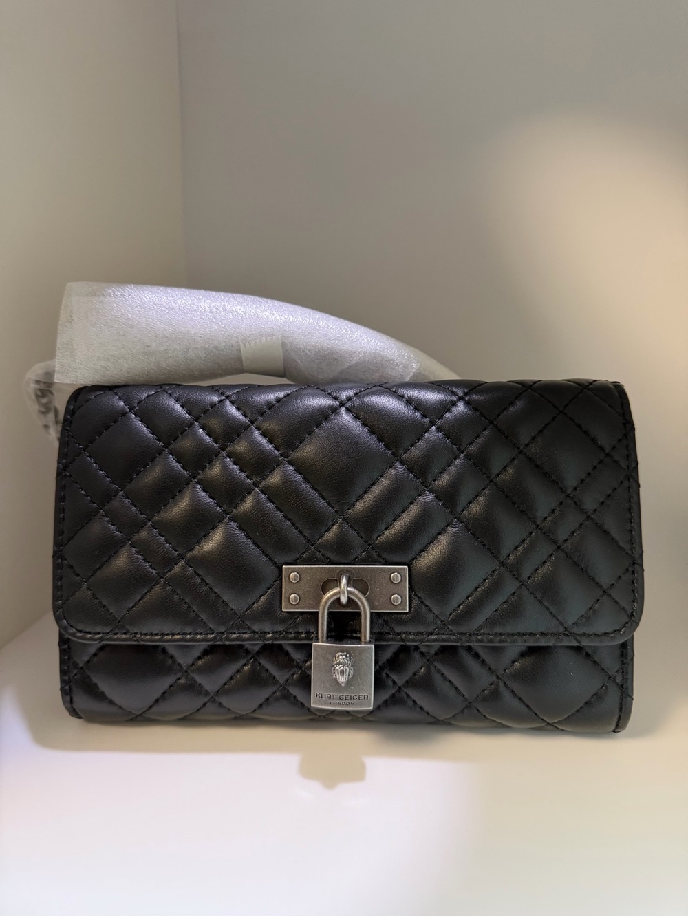 NWT Kurt Geiger Black Quilted Leather Crossbody Bag with Silver Lock
